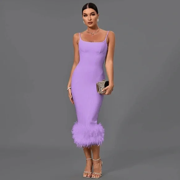 Elegant Deep Lavender Bandage Body-Con Midi Dress with Feather Detail.  NWT. - Picture 2 of 4